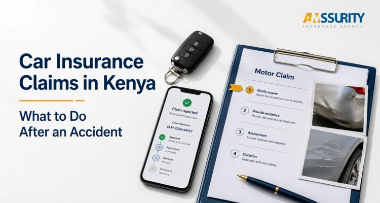 Car insurance claims in Kenya guide showing a reported claim, motor claim checklist, car key and vehicle-damage photographs.