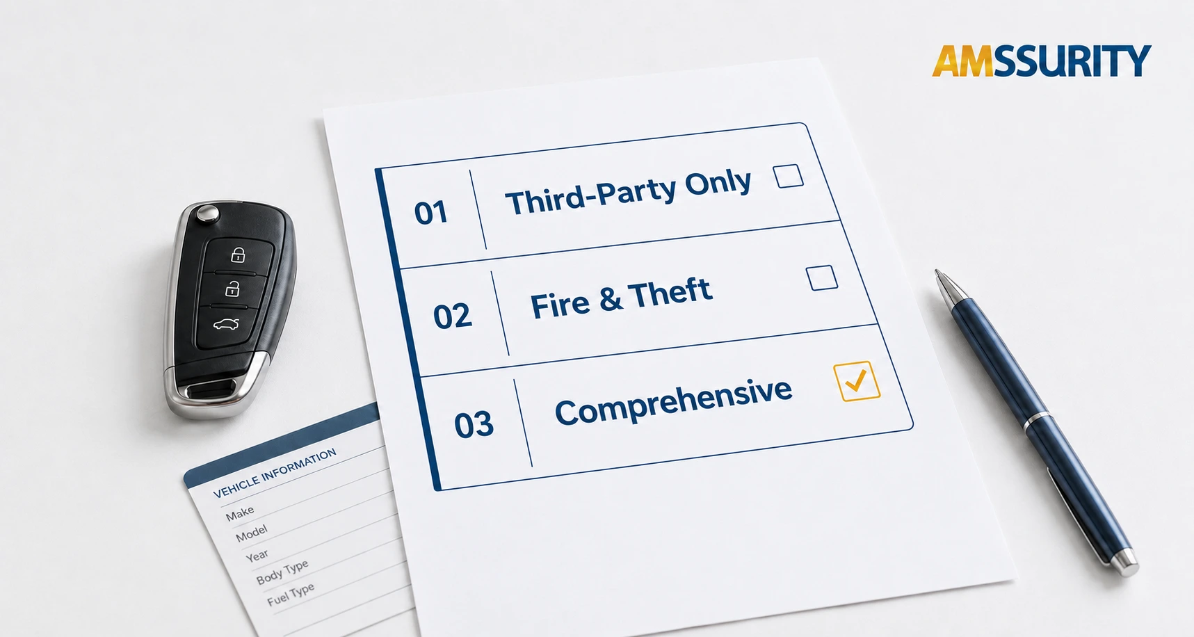 Car keys beside a comparison sheet for third-party, fire and theft, and comprehensive car insurance in Kenya.