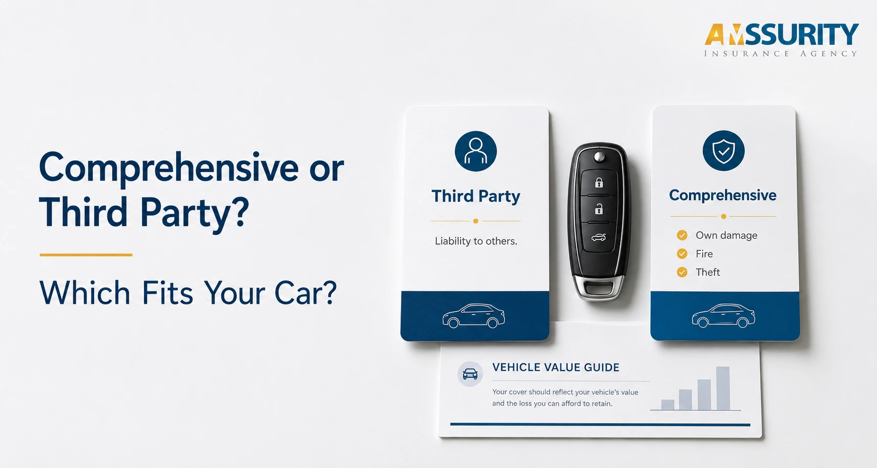 Third-party and comprehensive car insurance in Kenya comparison with a car key and policy cards.
