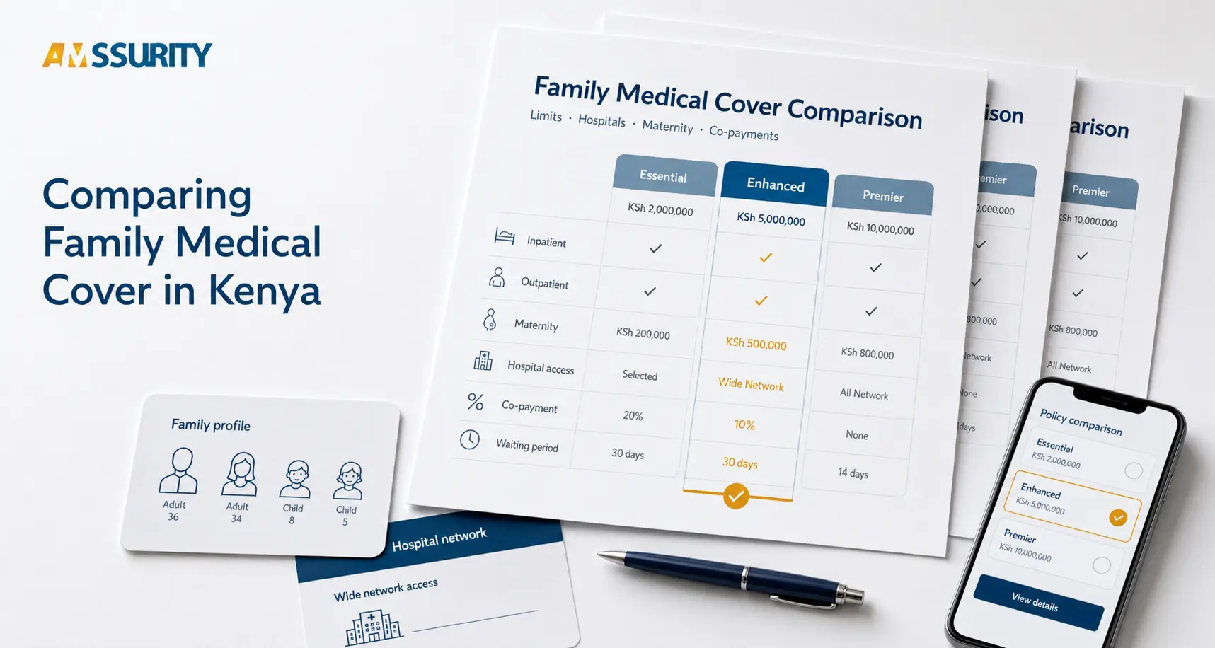 Best Family medical insurance in Kenya quotations compared by inpatient, outpatient, maternity, hospital access, co-payments and waiting periods.