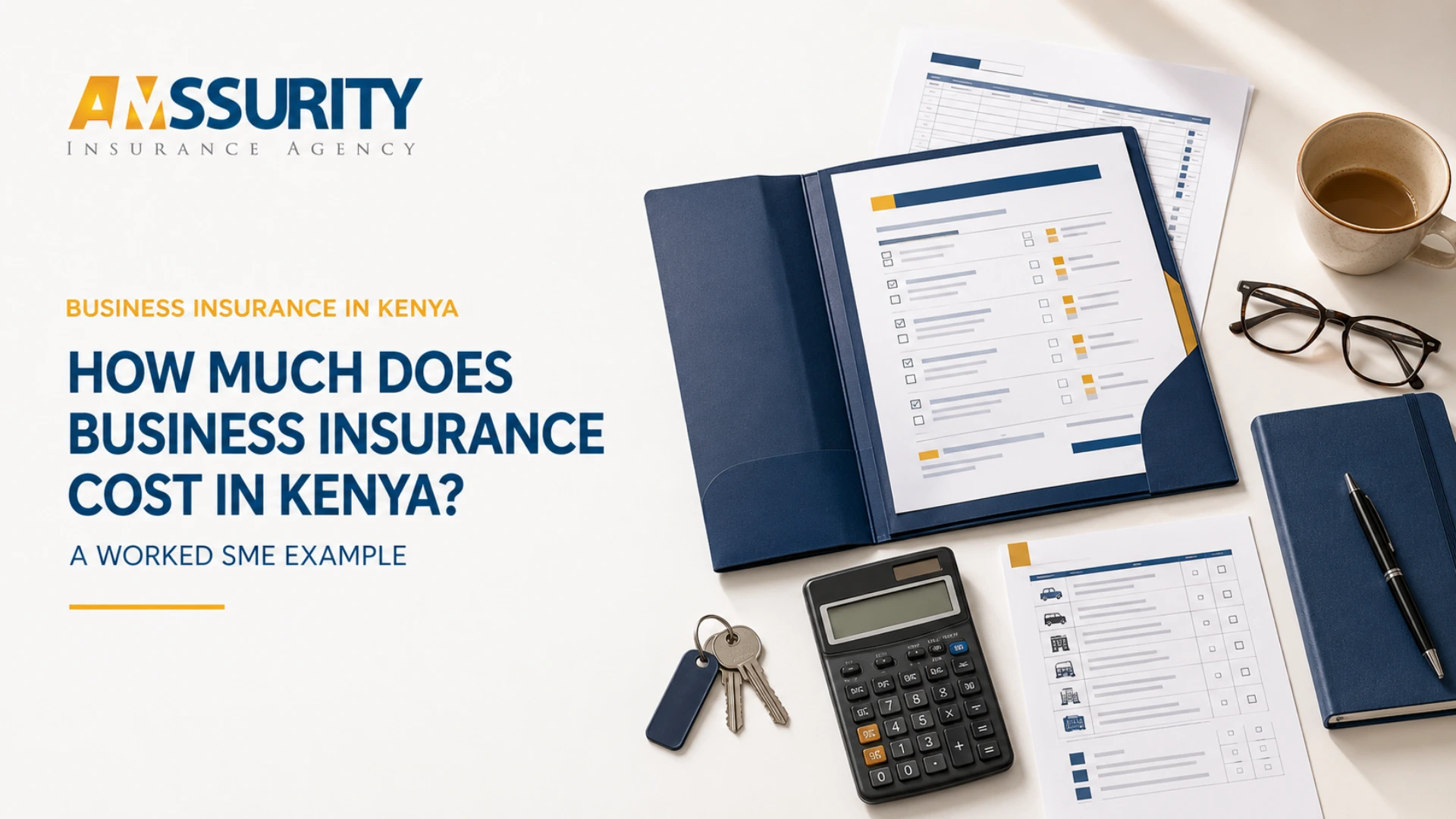 Amssurity business insurance cost in kenya review showing a quotation folder, calculator, payroll schedule and asset inventory for a Kenyan SME.